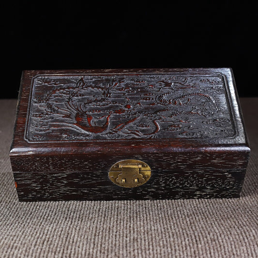 Chinese antique sandalwood carved dragon and phoenix presented in small boxes
