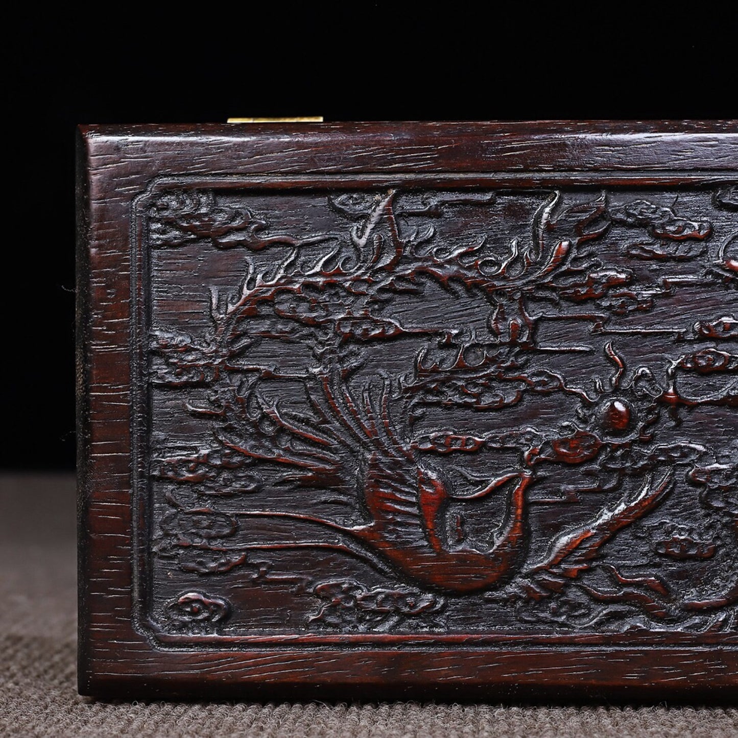 Chinese antique sandalwood carved dragon and phoenix presented in small boxes