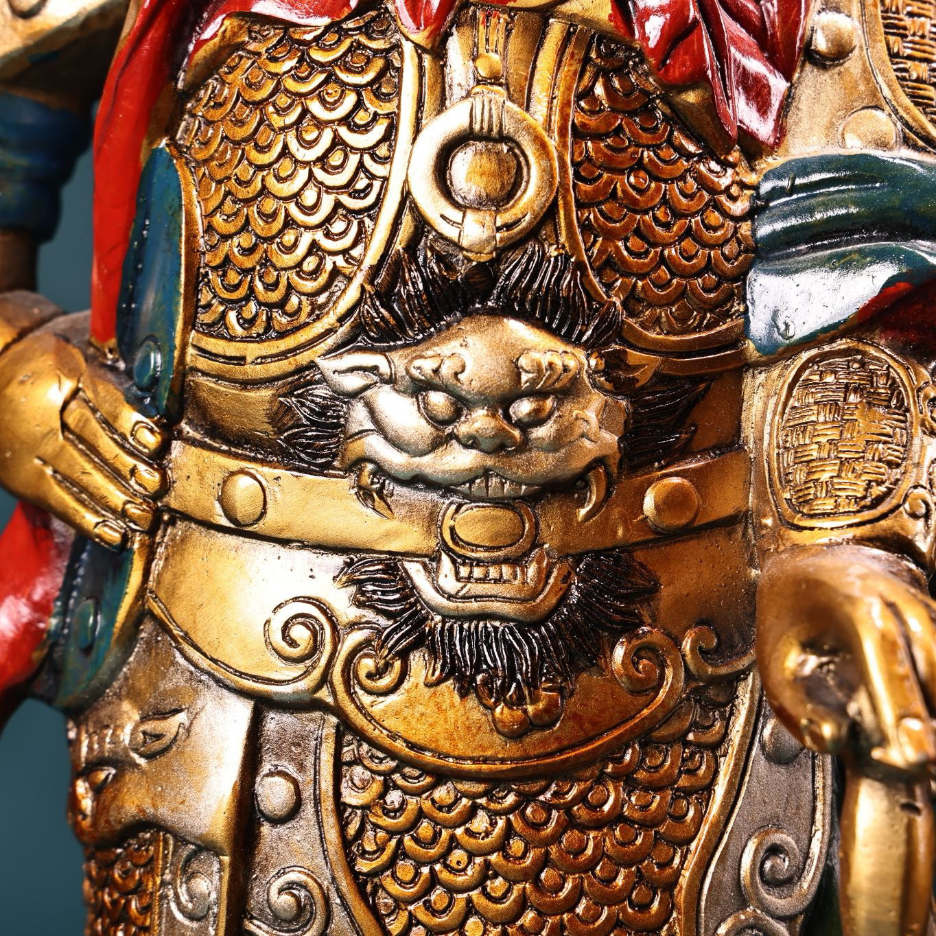 Chinese antique pure copper painted statue of Guan Gong as the protector of the law and the God of Wealth