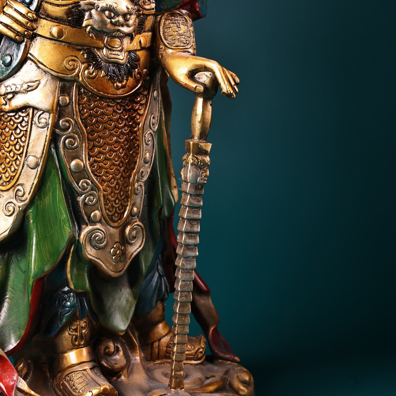 Chinese antique pure copper painted statue of Guan Gong as the protector of the law and the God of Wealth