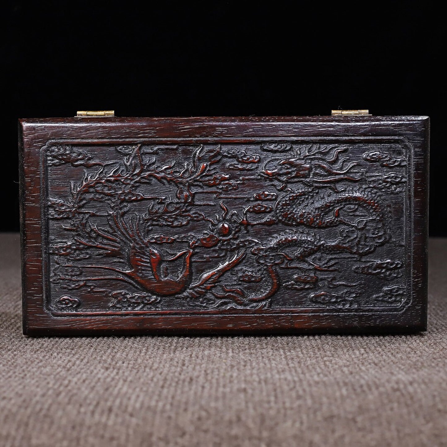 Chinese antique sandalwood carved dragon and phoenix presented in small boxes
