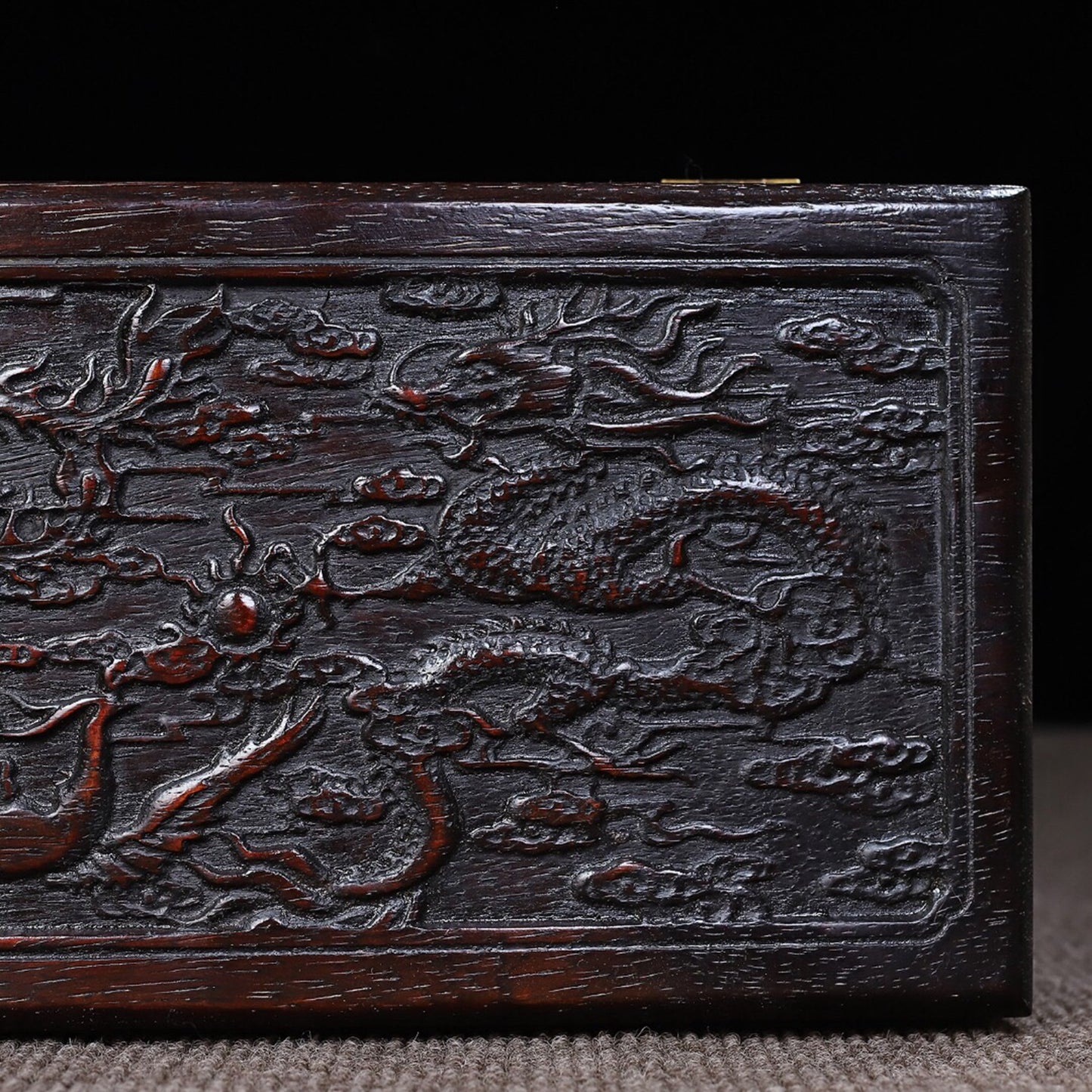 Chinese antique sandalwood carved dragon and phoenix presented in small boxes
