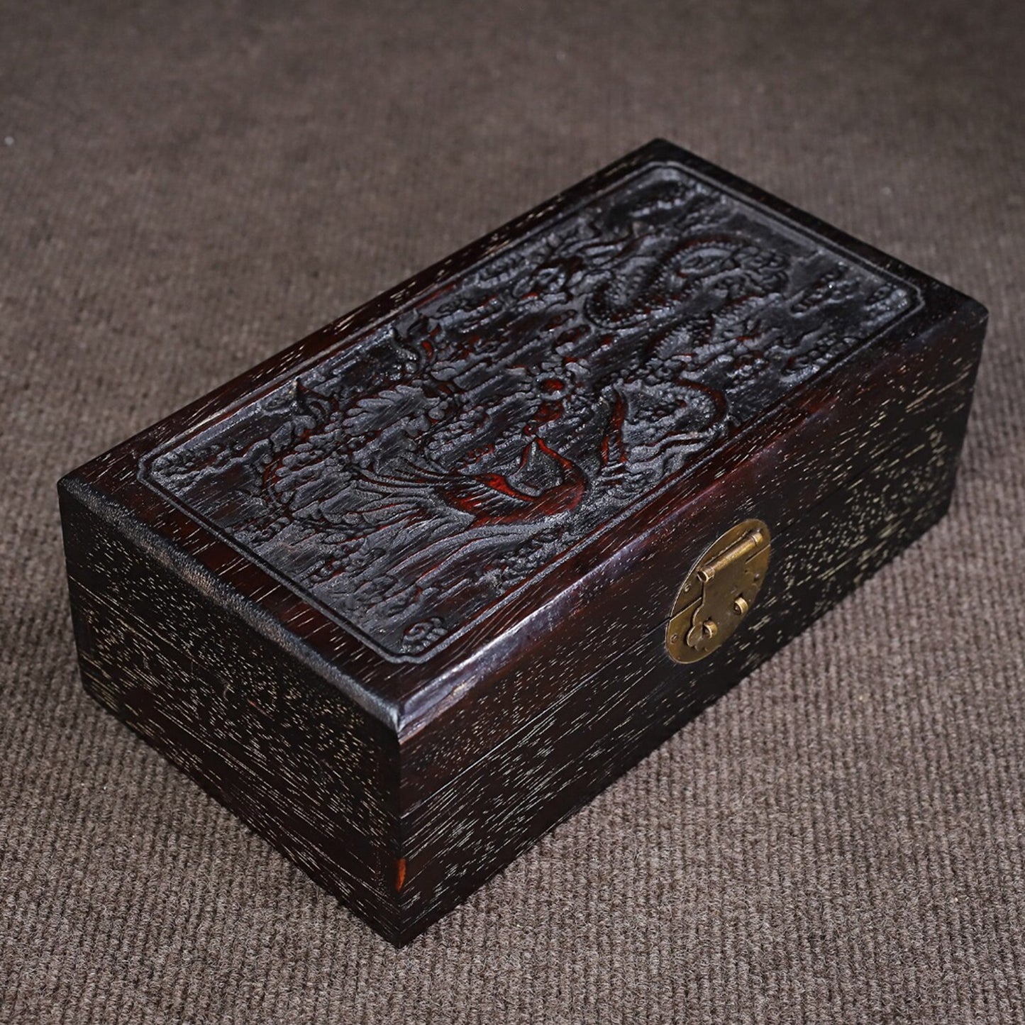 Chinese antique sandalwood carved dragon and phoenix presented in small boxes