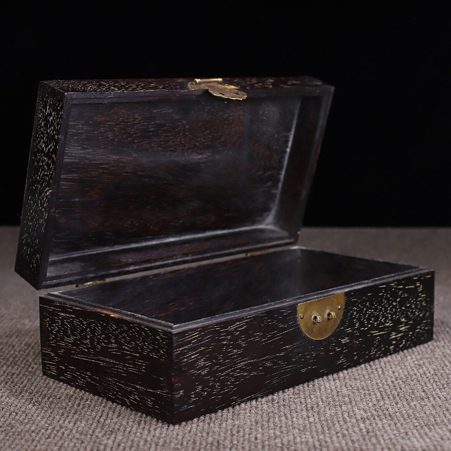 Chinese antique sandalwood carved dragon and phoenix presented in small boxes