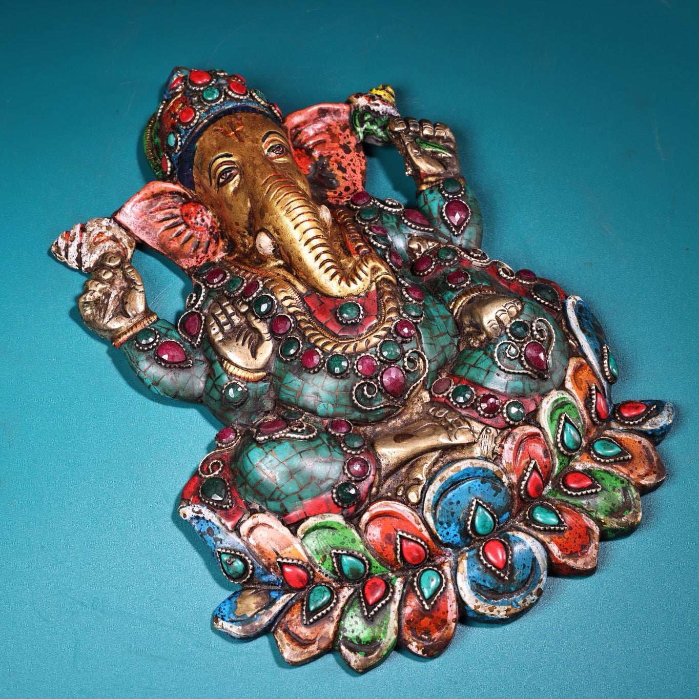 Chinese antique pure copper high relief elephant trunk wealth god hanging statue