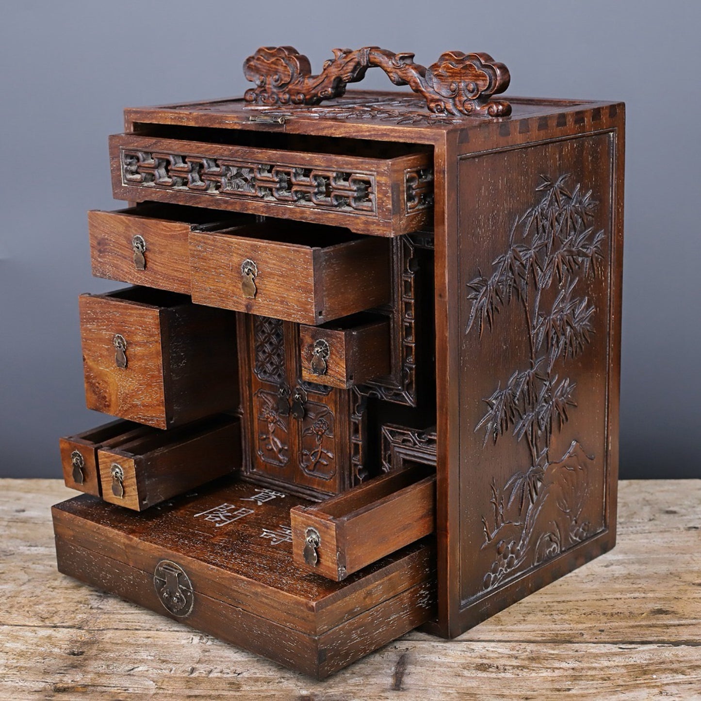 Chinese Antique Huali Wood Fushou Treasure Pavilion Decoration