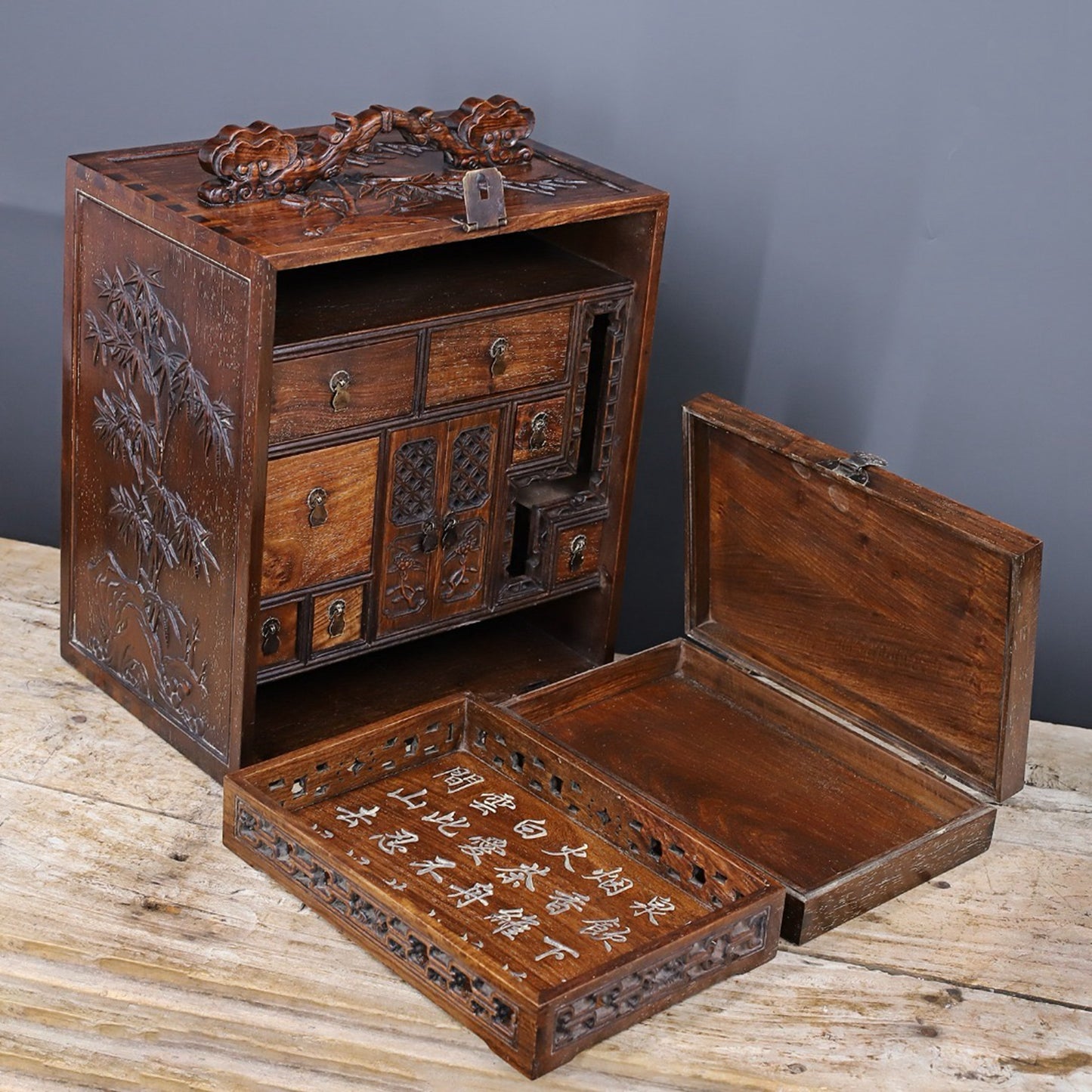 Chinese Antique Huali Wood Fushou Treasure Pavilion Decoration