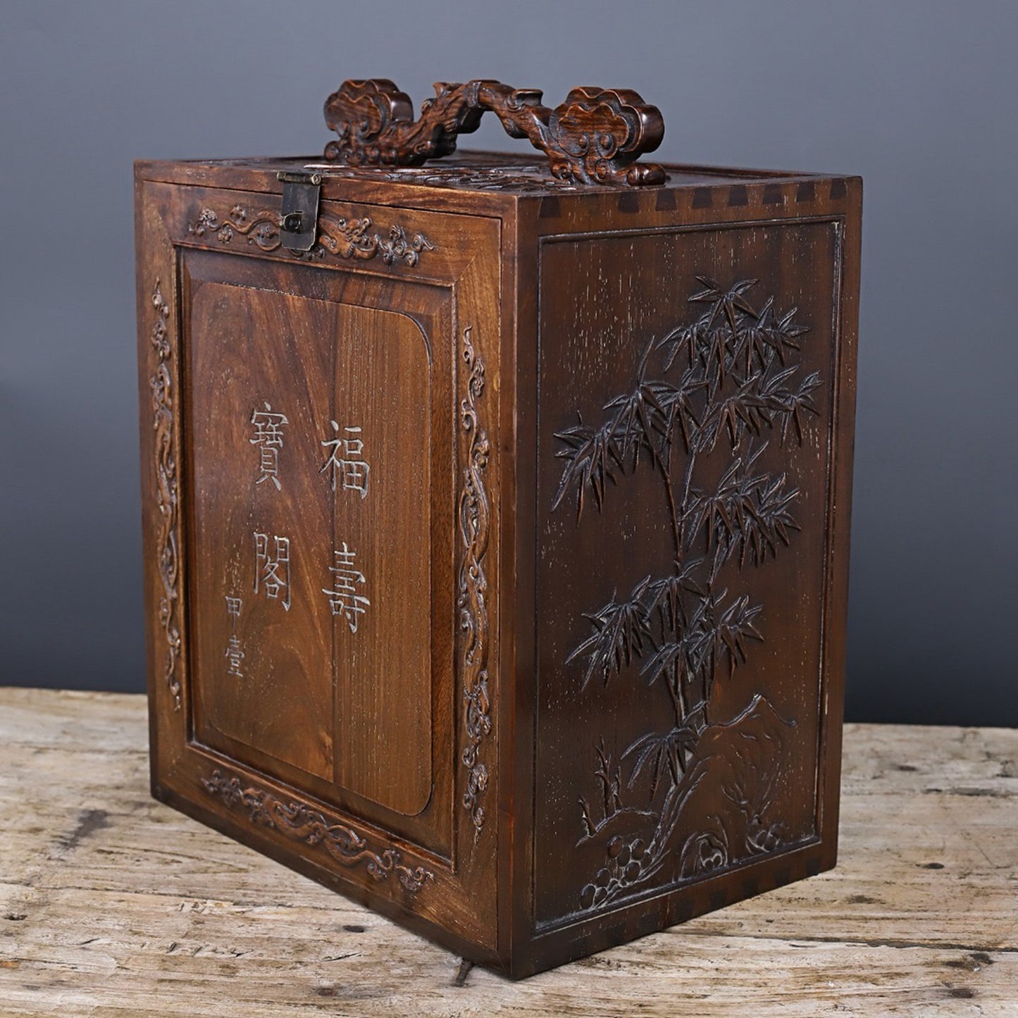 Chinese Antique Huali Wood Fushou Treasure Pavilion Decoration