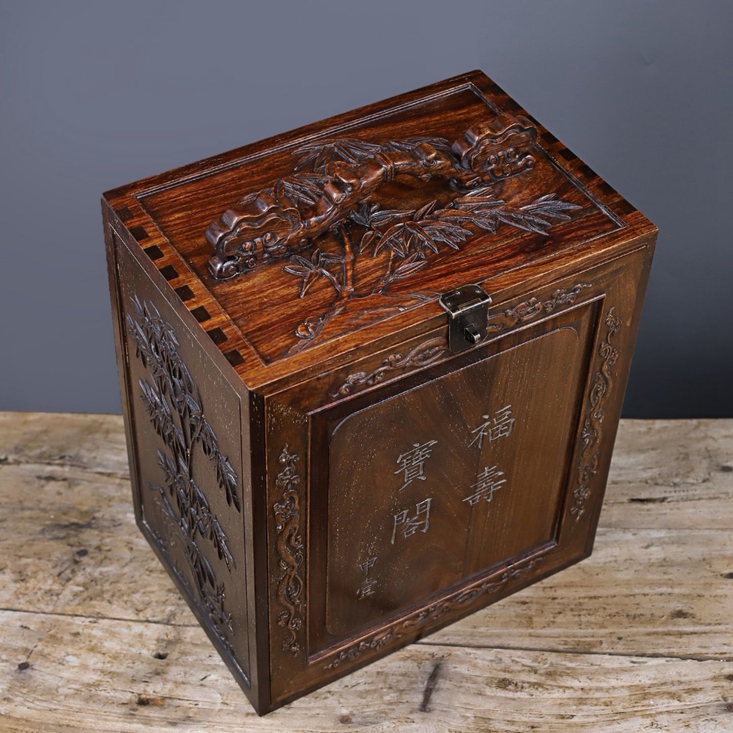 Chinese Antique Huali Wood Fushou Treasure Pavilion Decoration