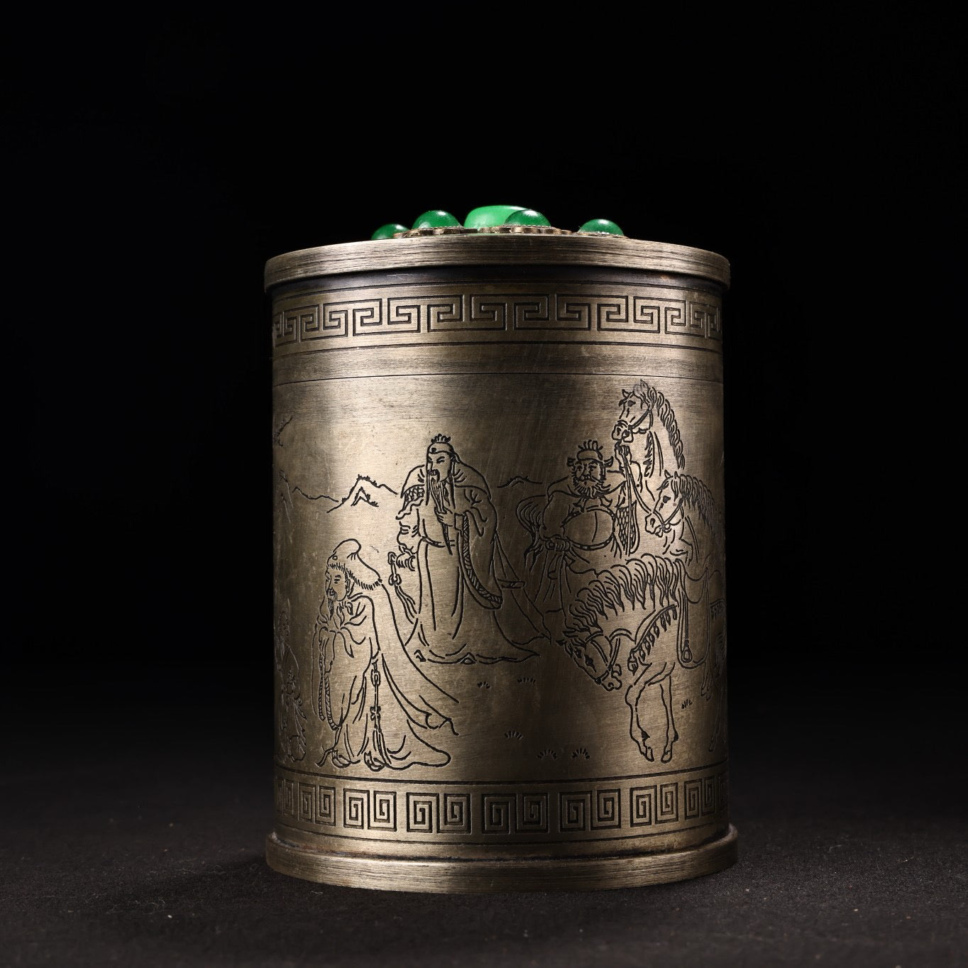 Chinese antique pure copper carved and inlaid gemstone tea jar