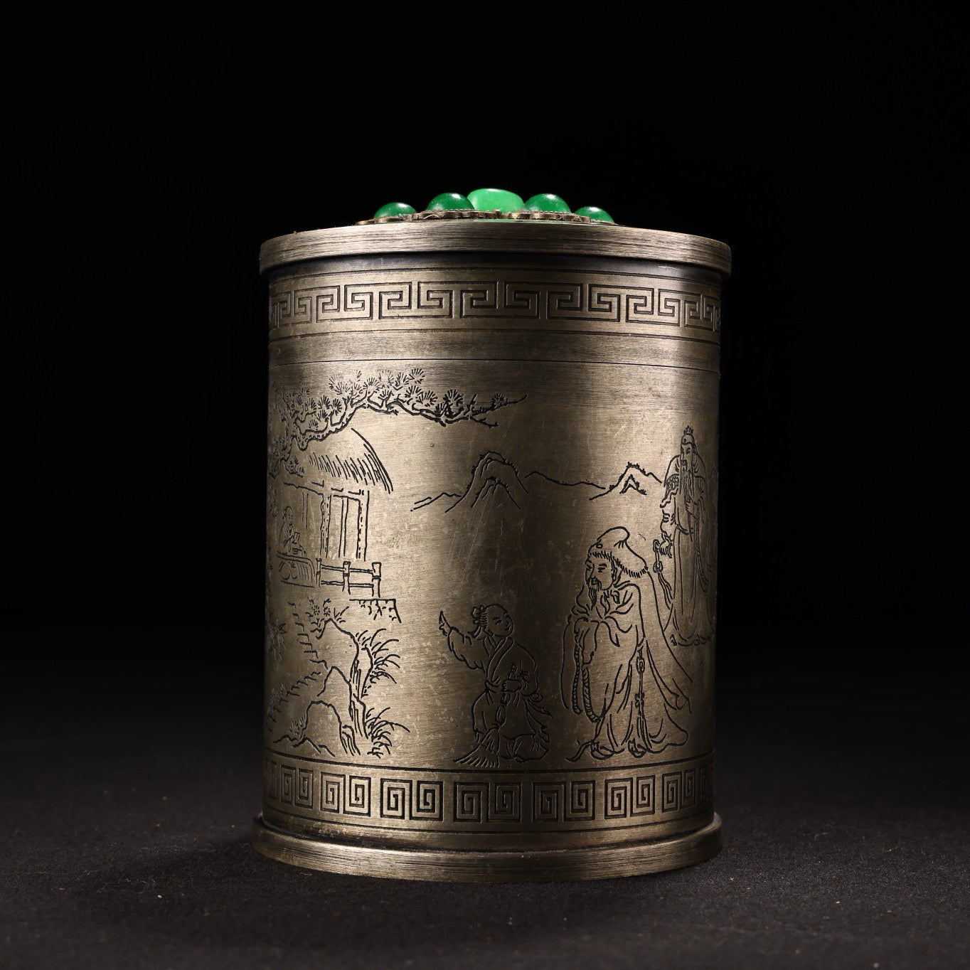 Chinese antique pure copper carved and inlaid gemstone tea jar