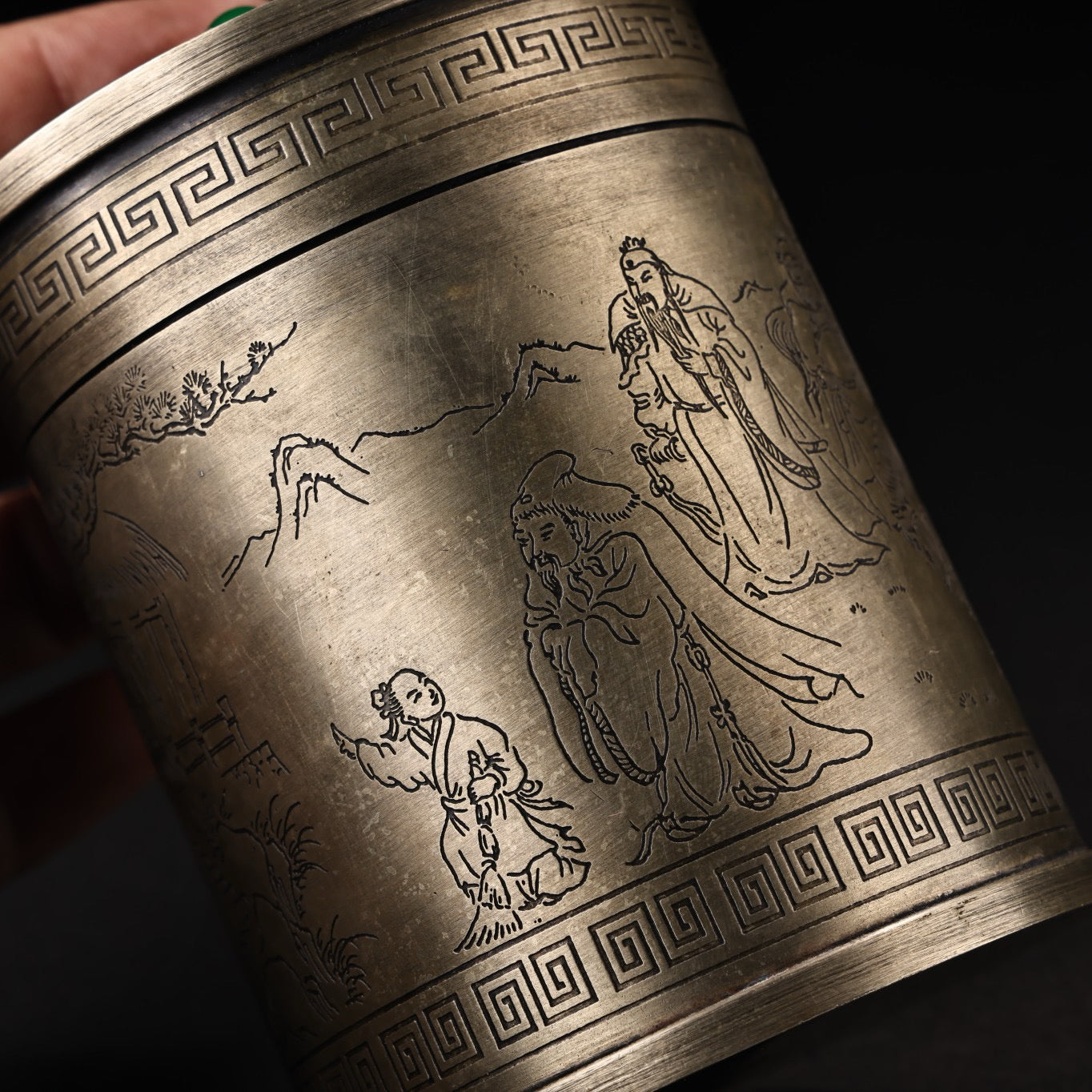 Chinese antique pure copper carved and inlaid gemstone tea jar