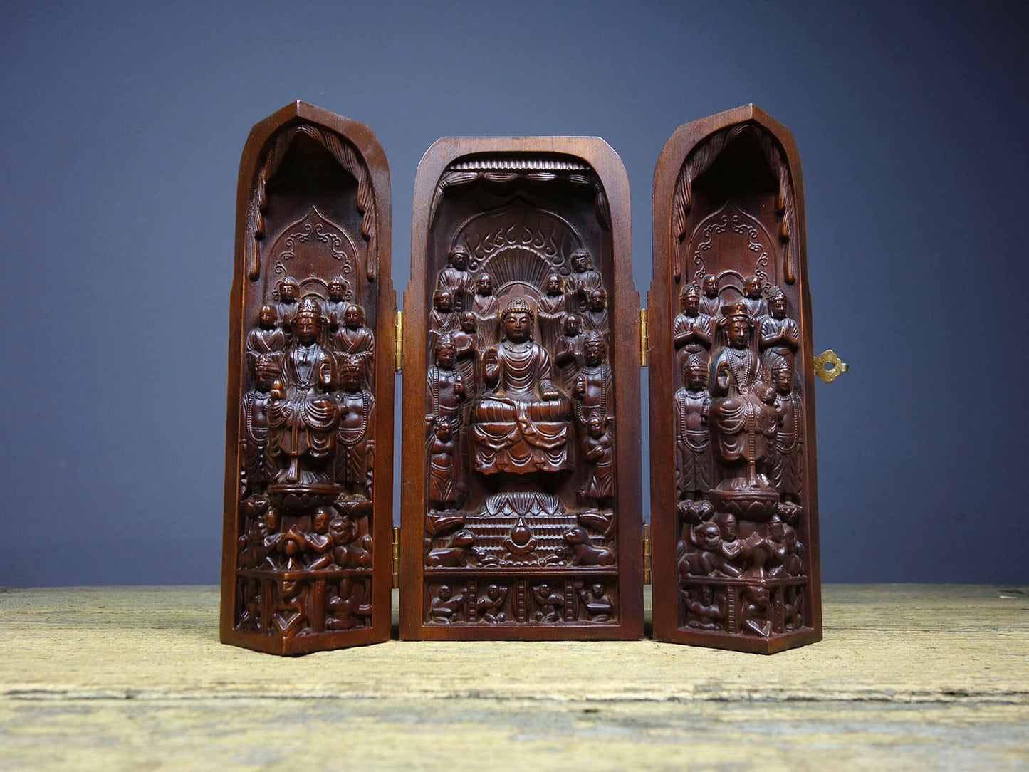 Chinese antique boxwood finely crafted three open Buddhist niches