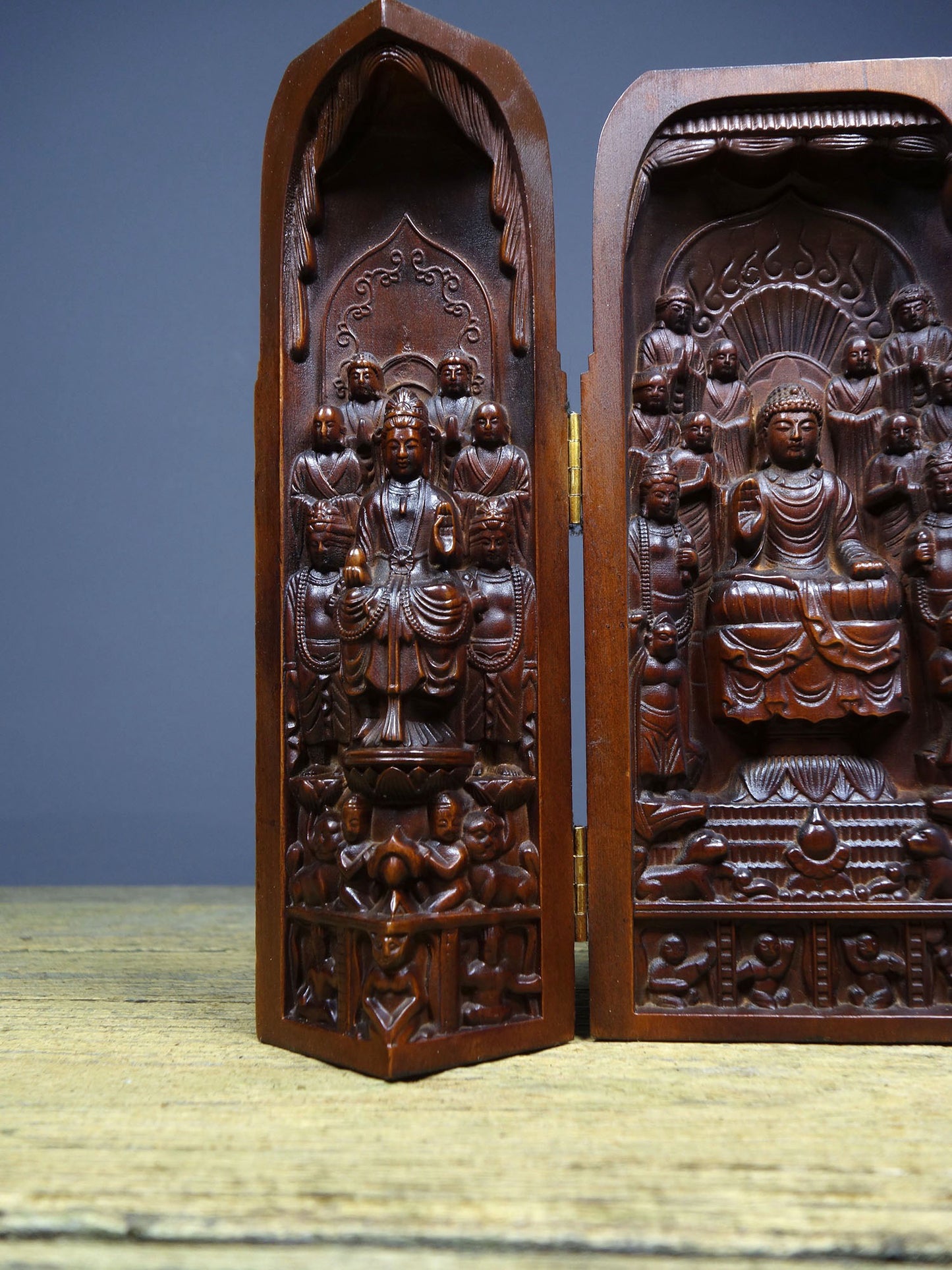 Chinese antique boxwood finely crafted three open Buddhist niches
