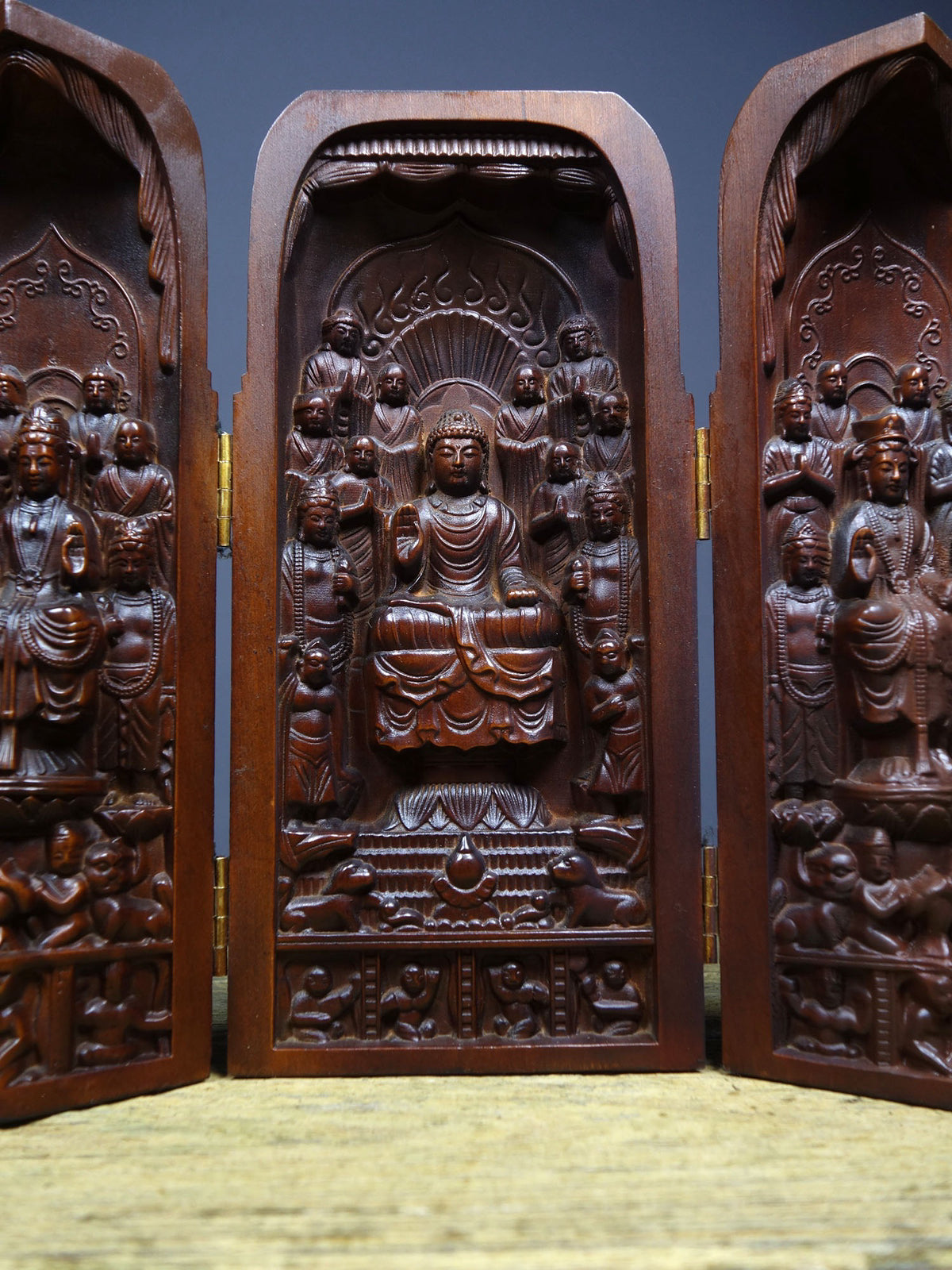 Chinese antique boxwood finely crafted three open Buddhist niches