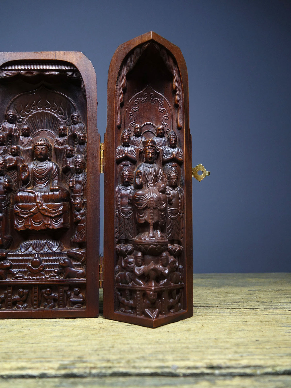 Chinese antique boxwood finely crafted three open Buddhist niches