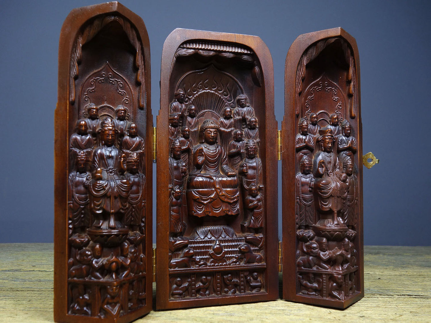 Chinese antique boxwood finely crafted three open Buddhist niches