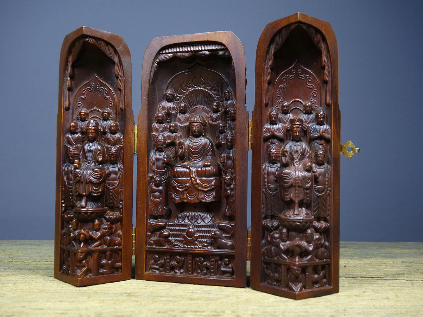 Chinese antique boxwood finely crafted three open Buddhist niches