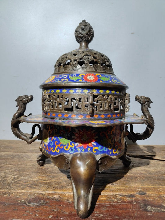Pure copper cloisonn é three elephant foot double dragon ear dragon lid furnace