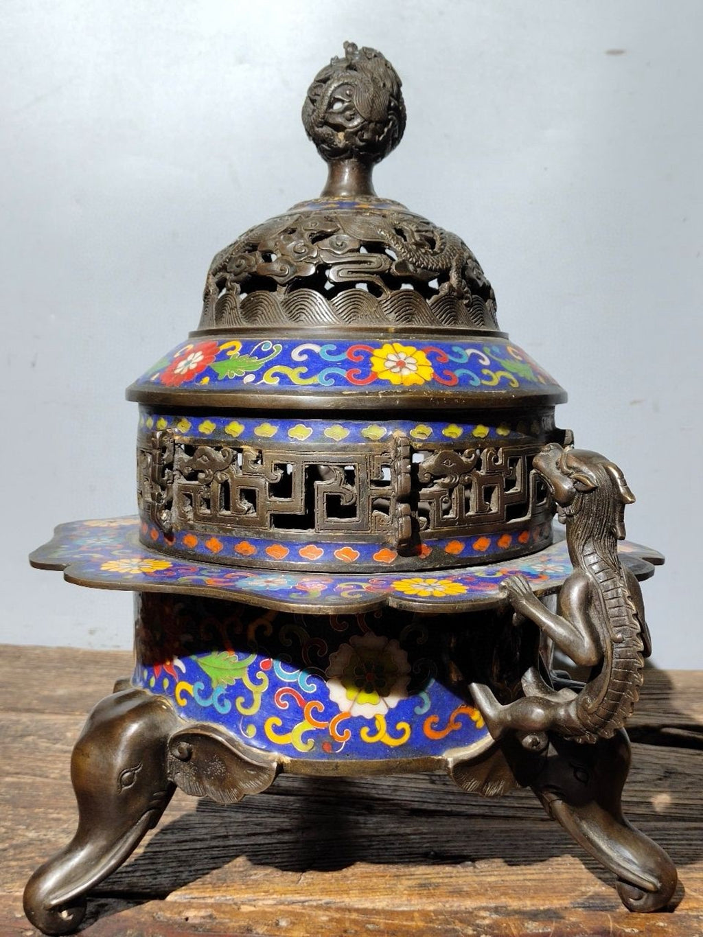 Pure copper cloisonn é three elephant foot double dragon ear dragon lid furnace