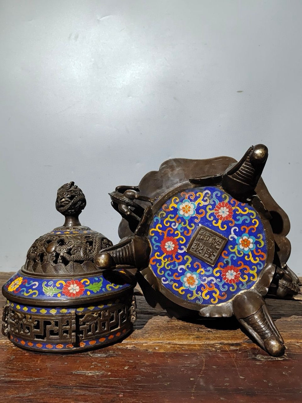 Pure copper cloisonn é three elephant foot double dragon ear dragon lid furnace
