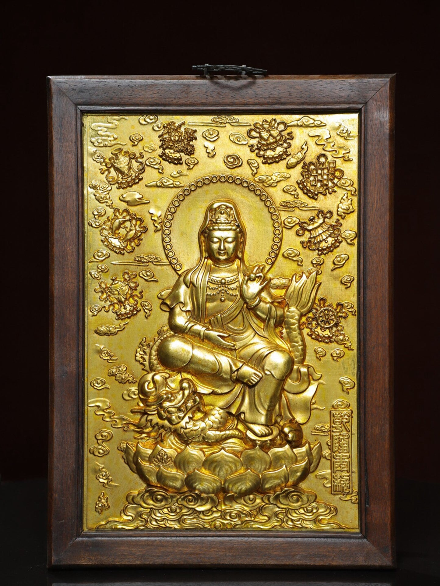 Chinese antique pure copper 'Dragon Subduing Guanyin' thangka