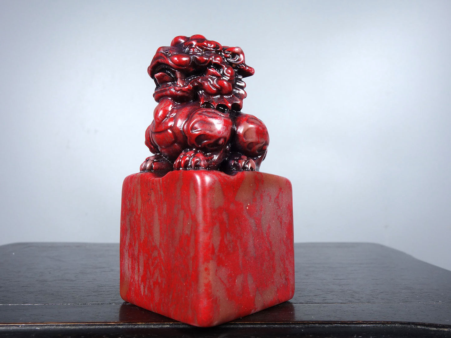 Chinese antique chicken blood stone finely carved qilin offering auspicious square seal