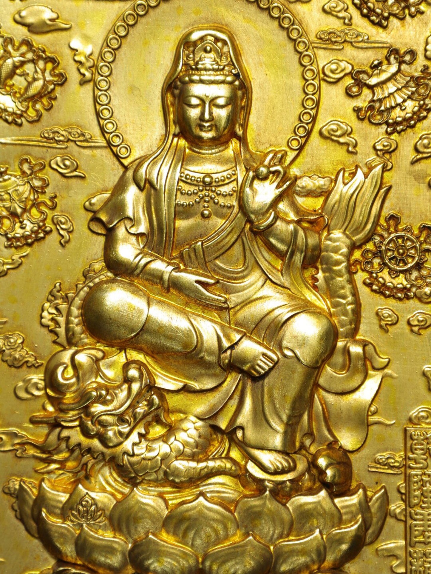 Chinese antique pure copper 'Dragon Subduing Guanyin' thangka