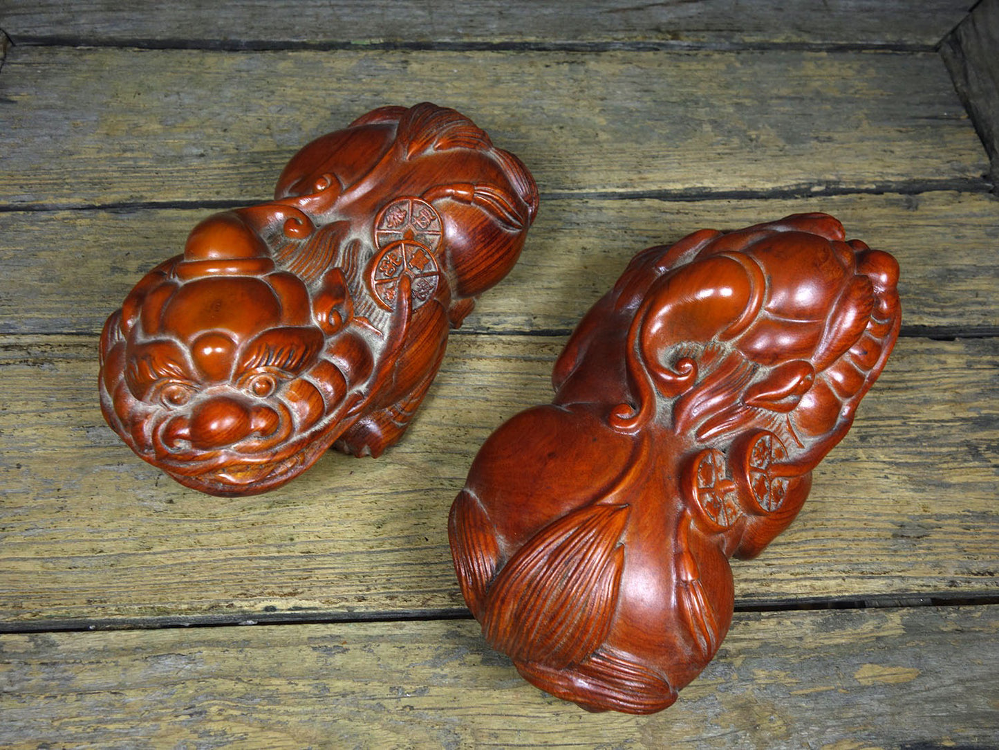 A pair of Chinese antique pear wood carvings attracting wealth and treasures, Pixiu