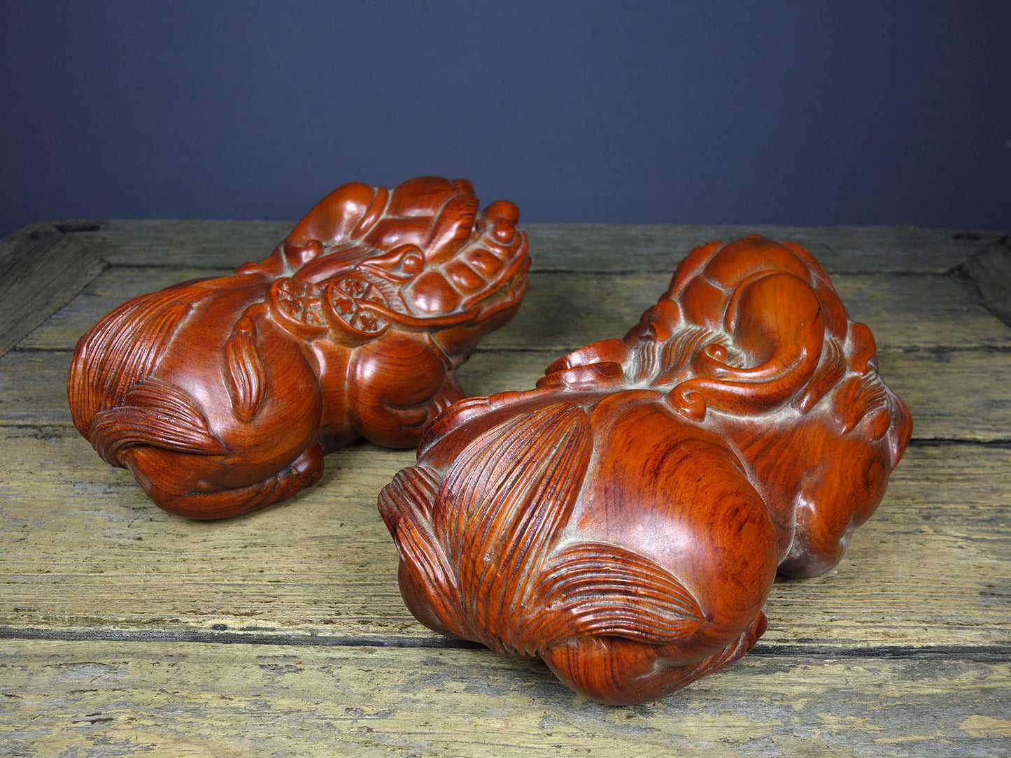 A pair of Chinese antique pear wood carvings attracting wealth and treasures, Pixiu