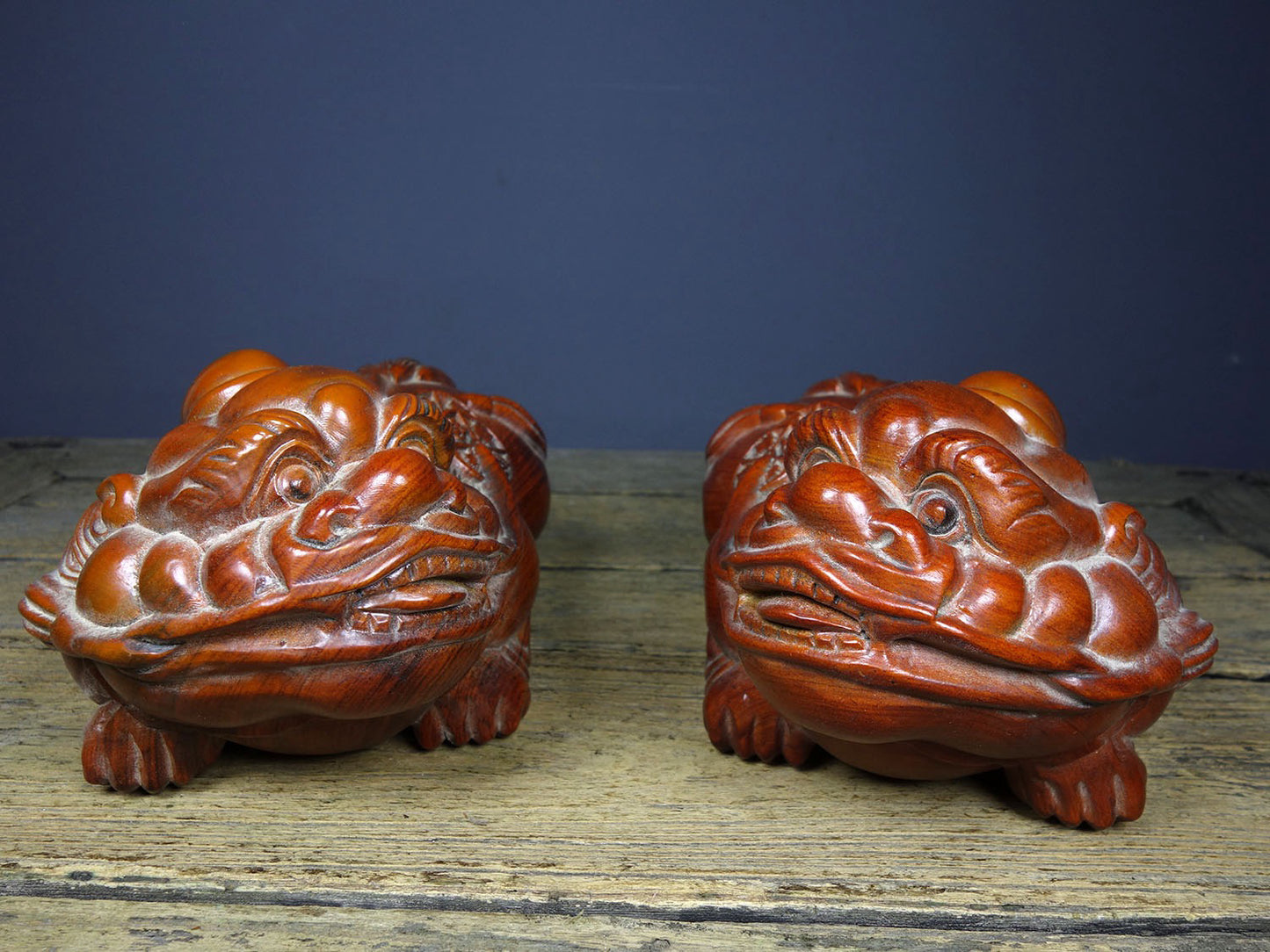 A pair of Chinese antique pear wood carvings attracting wealth and treasures, Pixiu