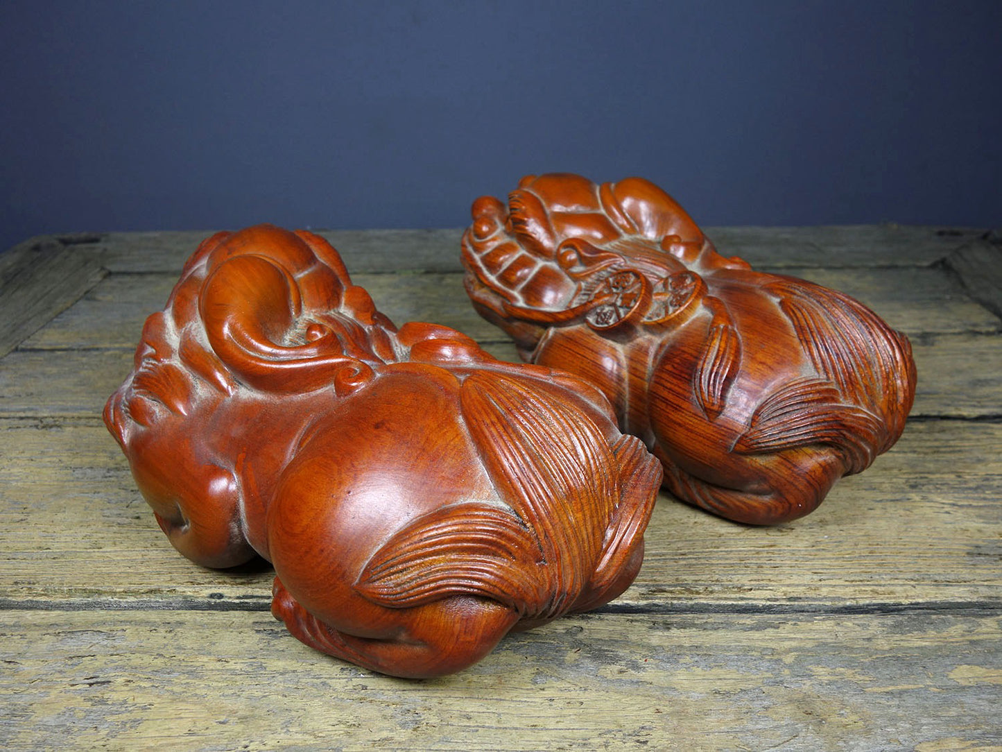 A pair of Chinese antique pear wood carvings attracting wealth and treasures, Pixiu