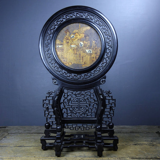 Chinese antique purple sandalwood inlaid with agarwood hollow screen ornaments