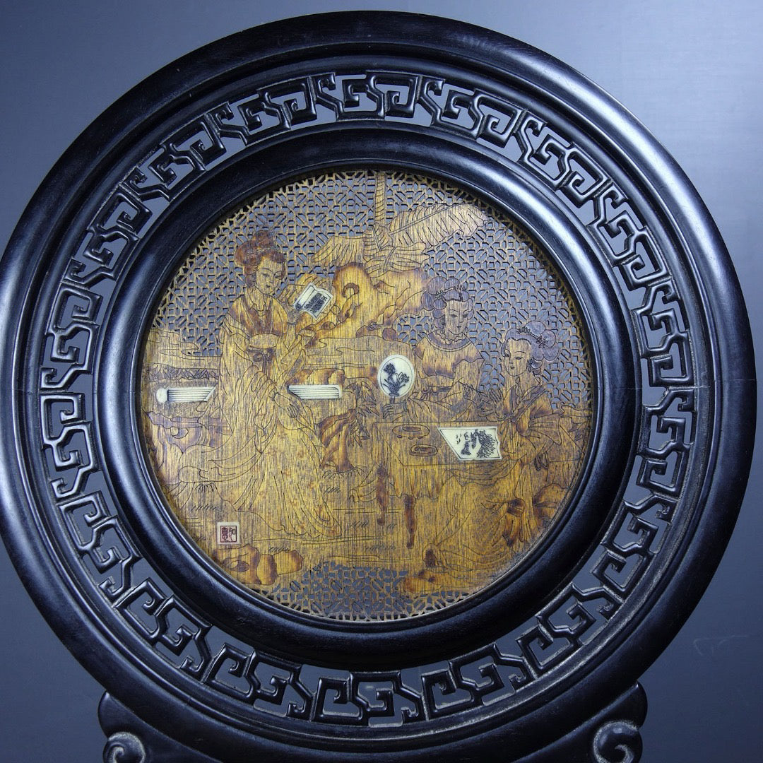 Chinese antique purple sandalwood inlaid with agarwood hollow screen ornaments