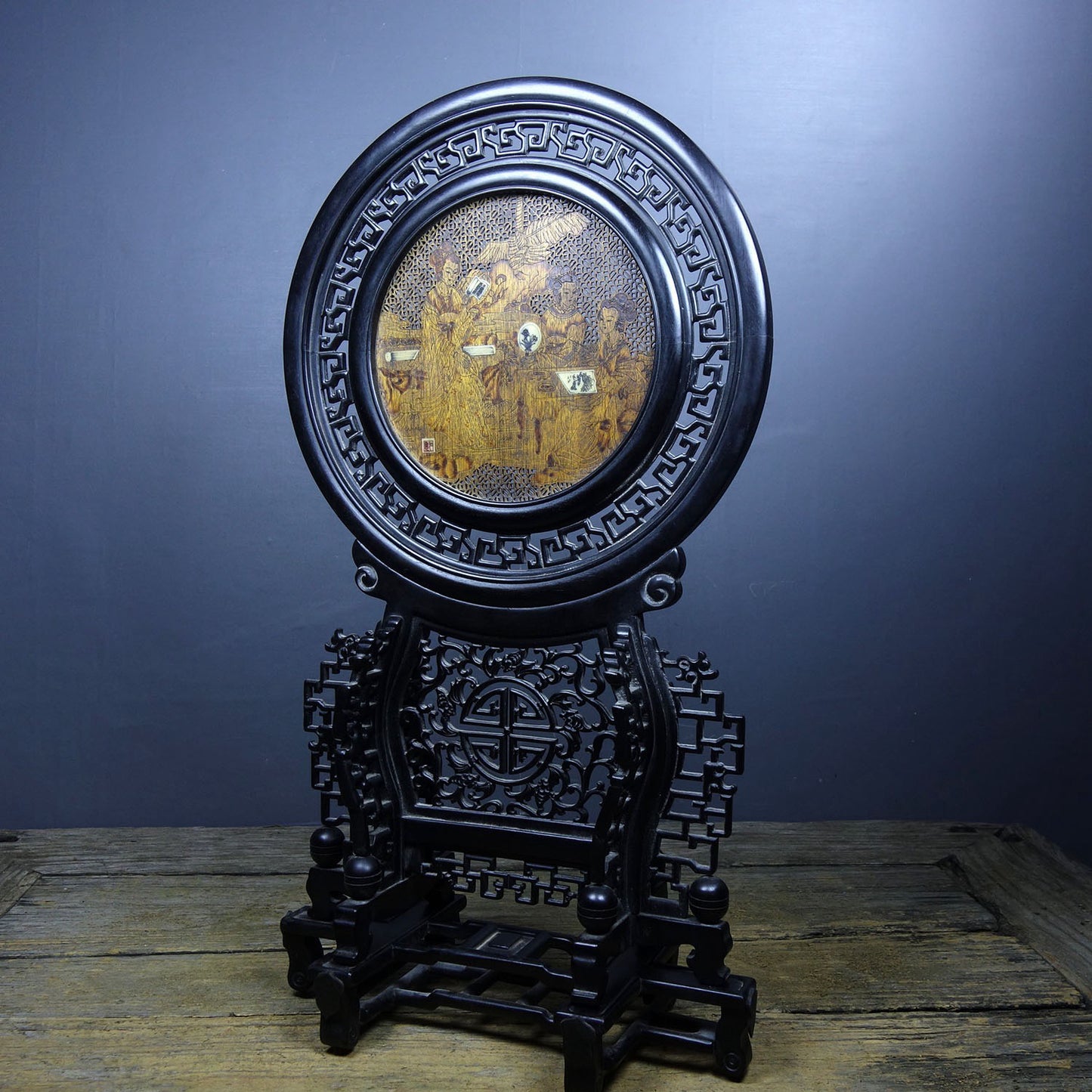 Chinese antique purple sandalwood inlaid with agarwood hollow screen ornaments