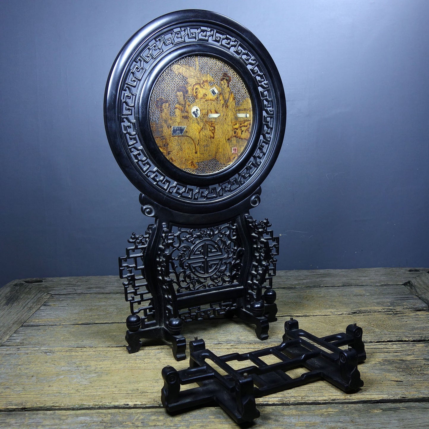 Chinese antique purple sandalwood inlaid with agarwood hollow screen ornaments