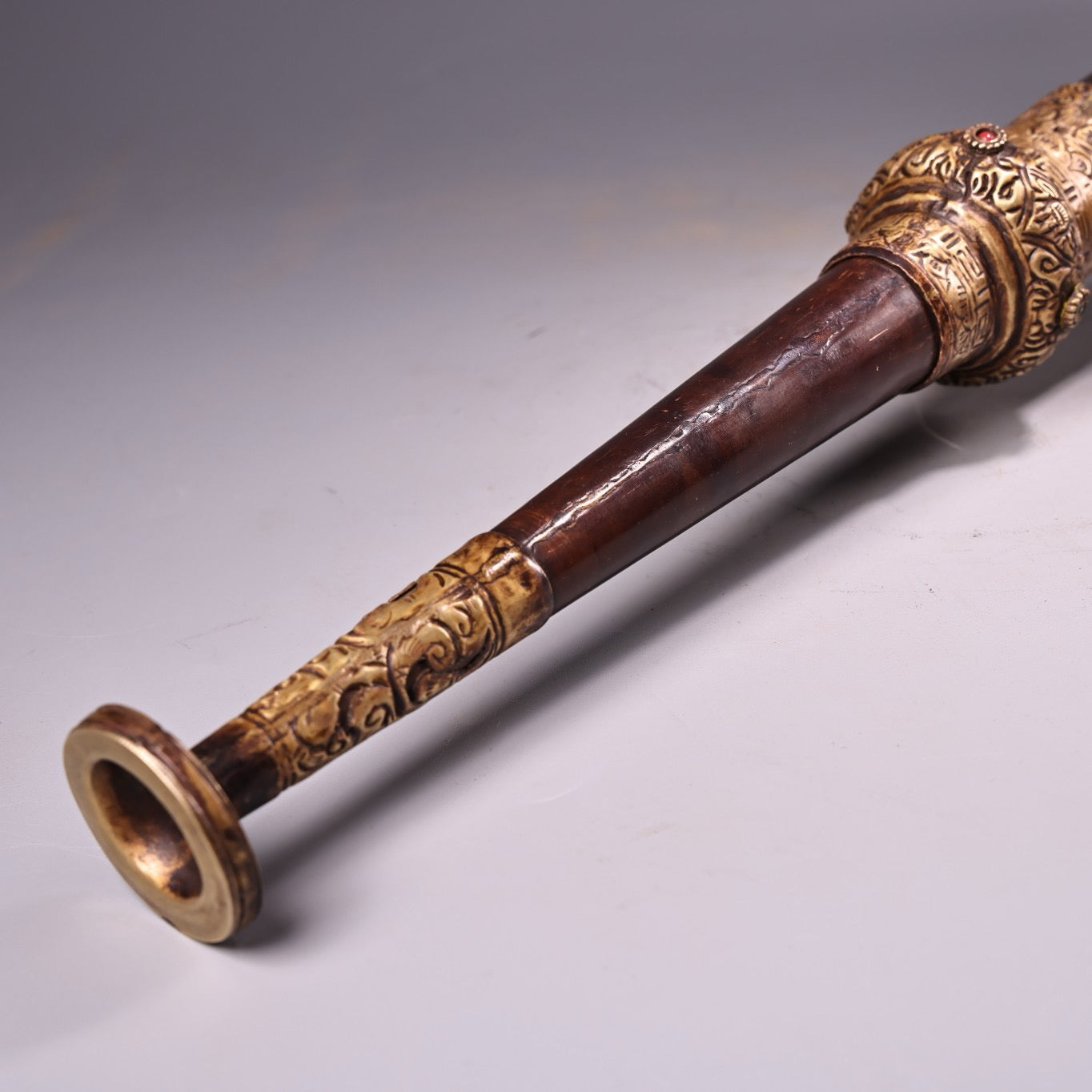Chinese antique pure copper high relief carved horn