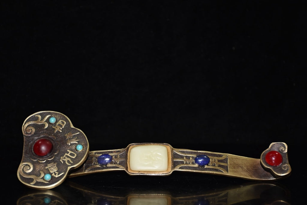 Pure copper inlaid turquoise gemstone Ruyi ornament