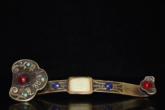Pure copper inlaid turquoise gemstone Ruyi ornament