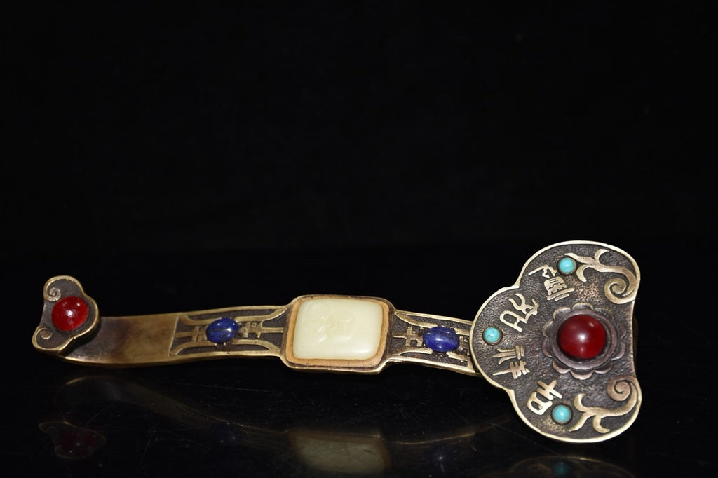 Pure copper inlaid turquoise gemstone Ruyi ornament