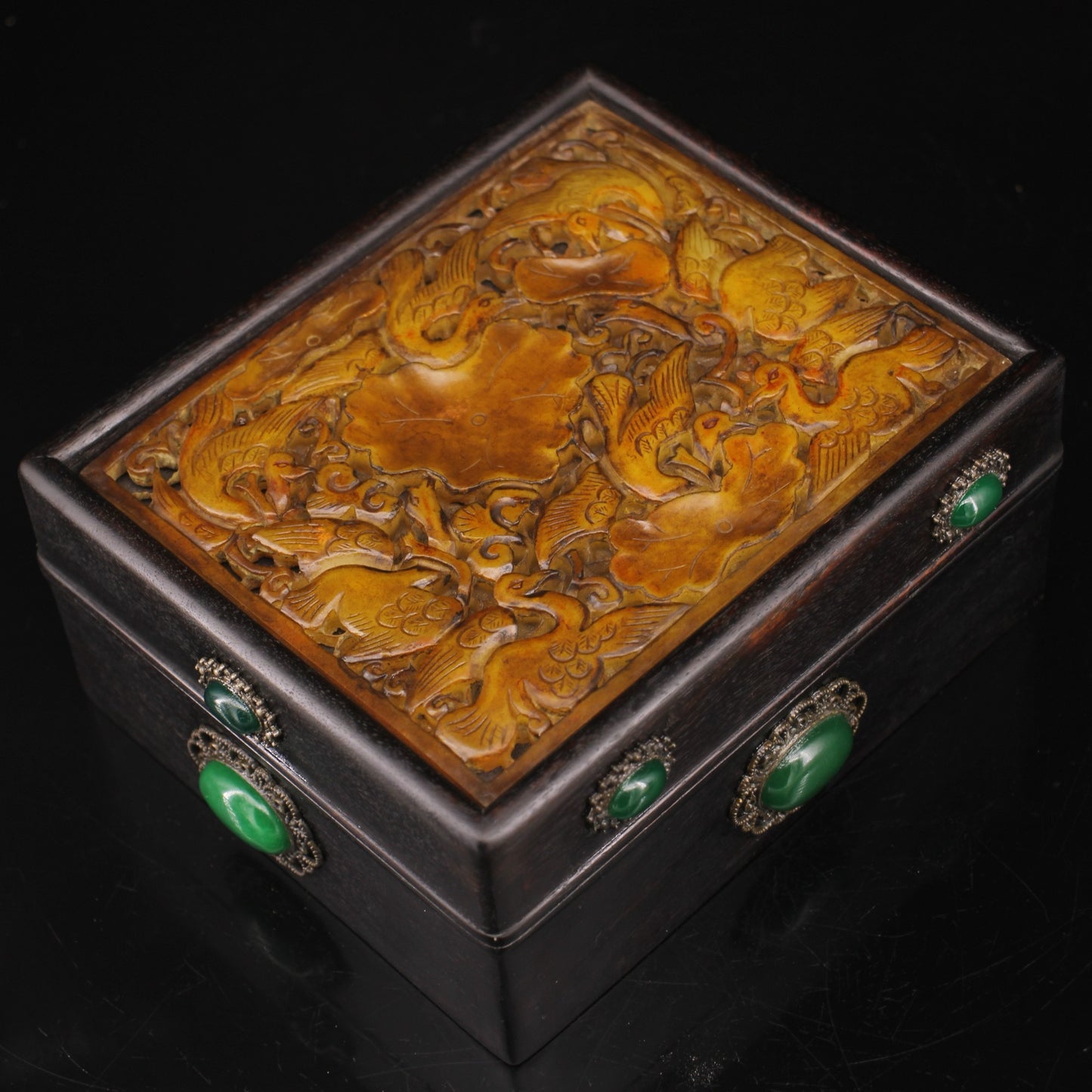 Chinese antique ebony inlaid old jade gemstone box