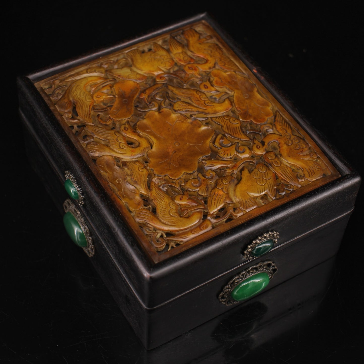 Chinese antique ebony inlaid old jade gemstone box