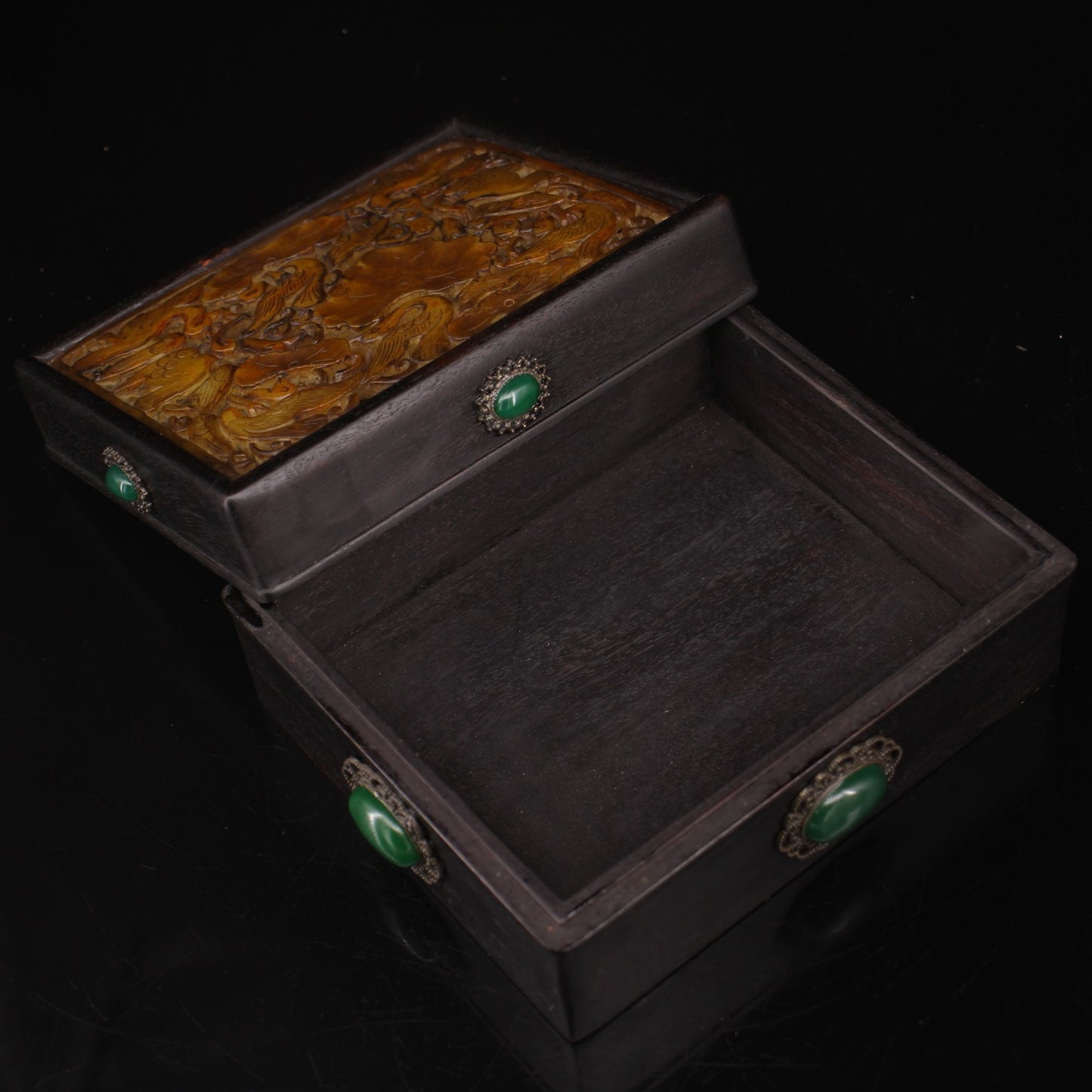 Chinese antique ebony inlaid old jade gemstone box