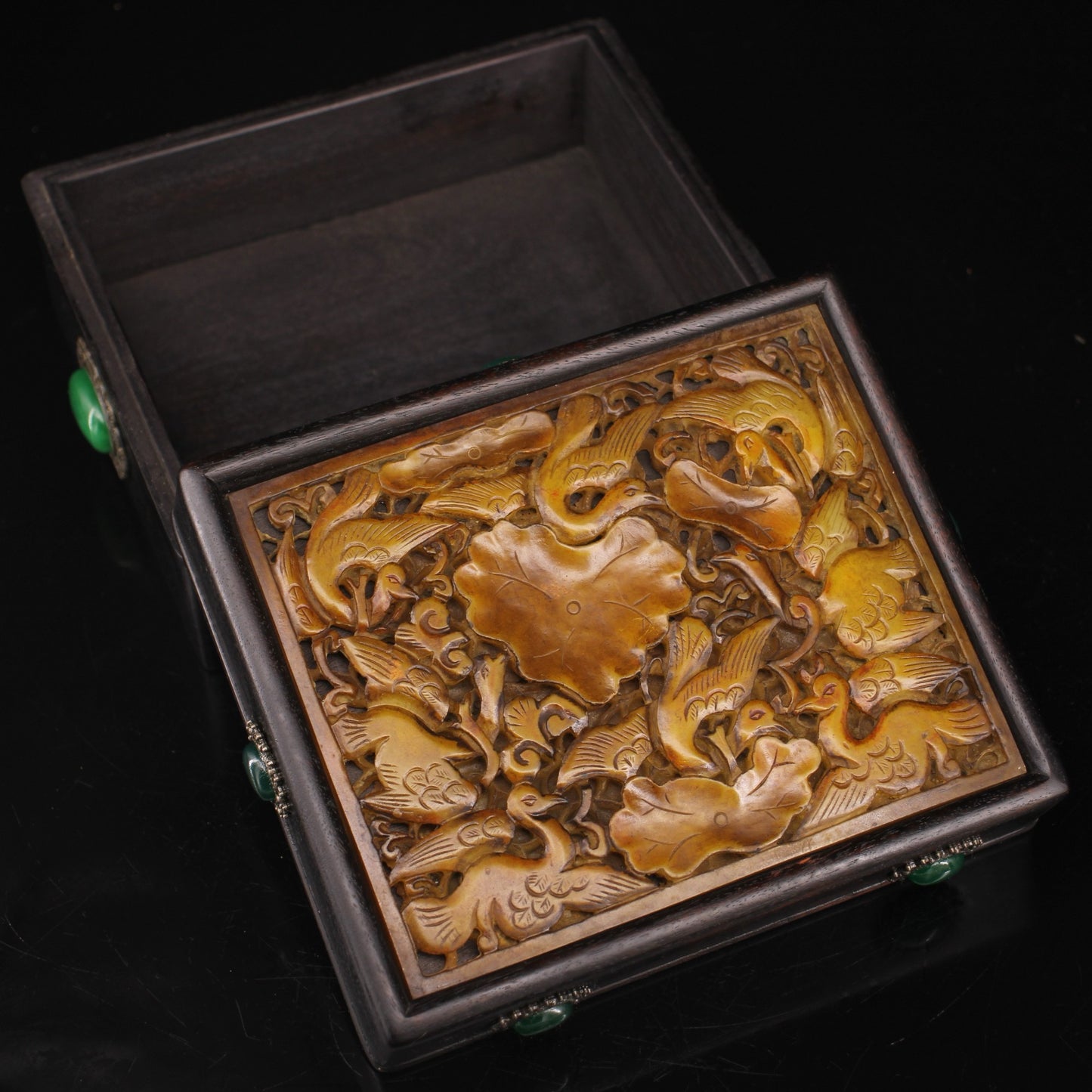 Chinese antique ebony inlaid old jade gemstone box