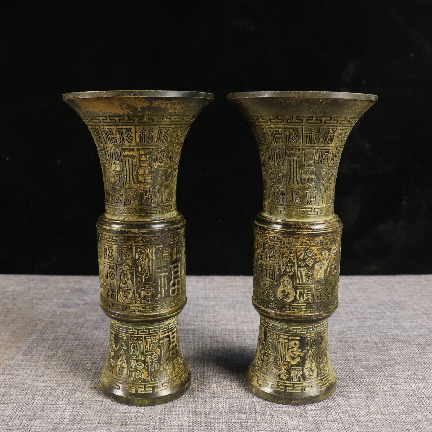 A pair of Chinese antique pure copper hundred blessings incense tubes