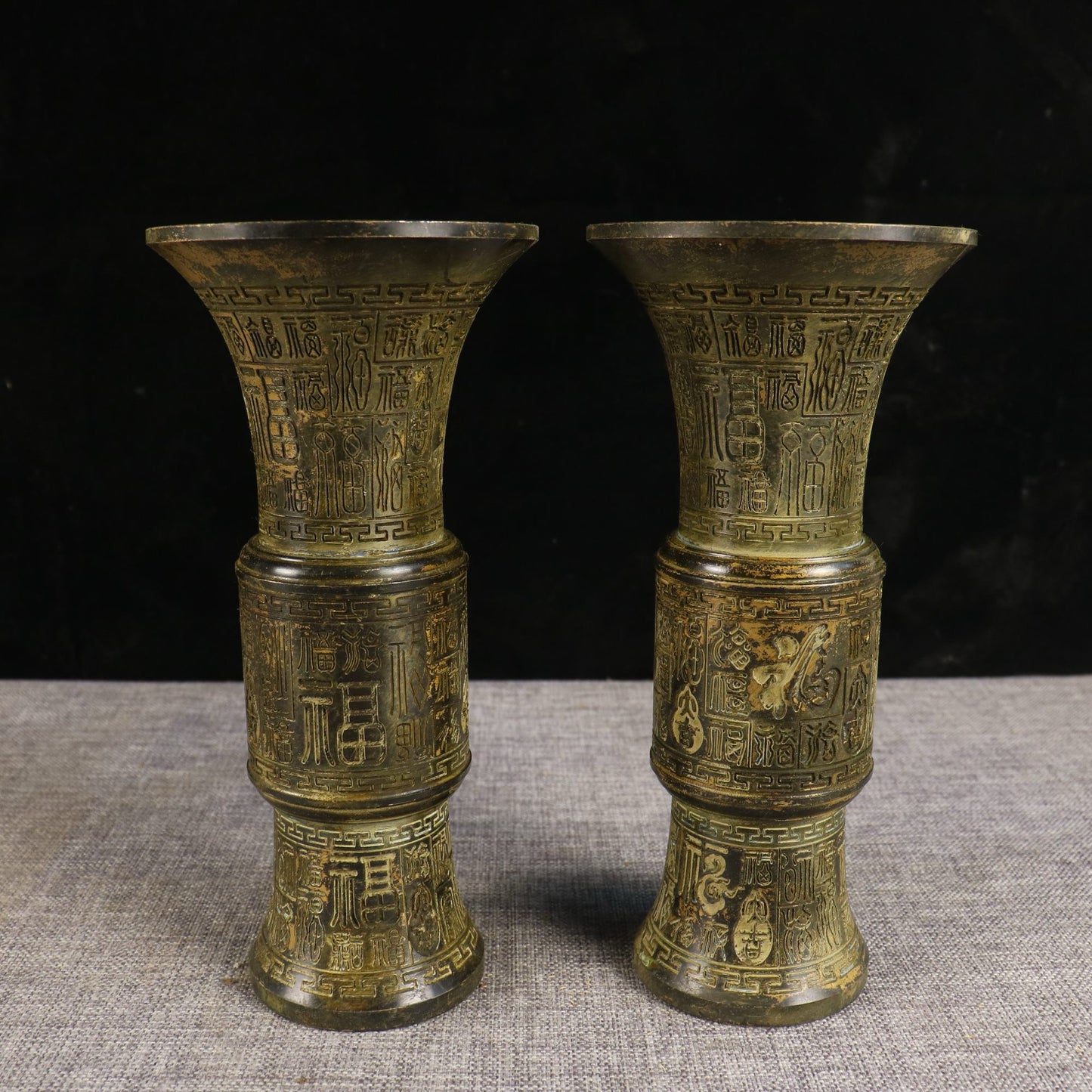 A pair of Chinese antique pure copper hundred blessings incense tubes