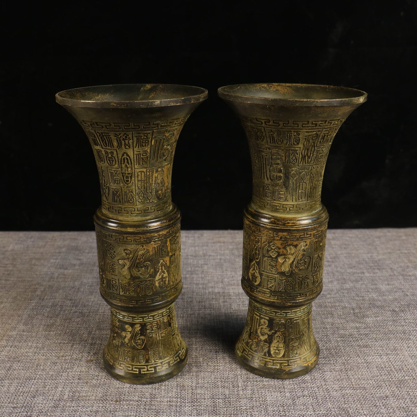 A pair of Chinese antique pure copper hundred blessings incense tubes