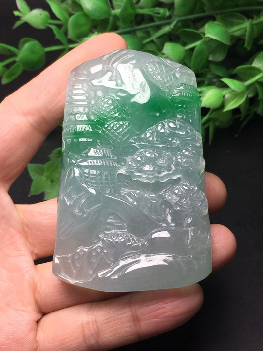 Chinese Antique White Ice Floating Green Thick Mountainous Landscape Plaque