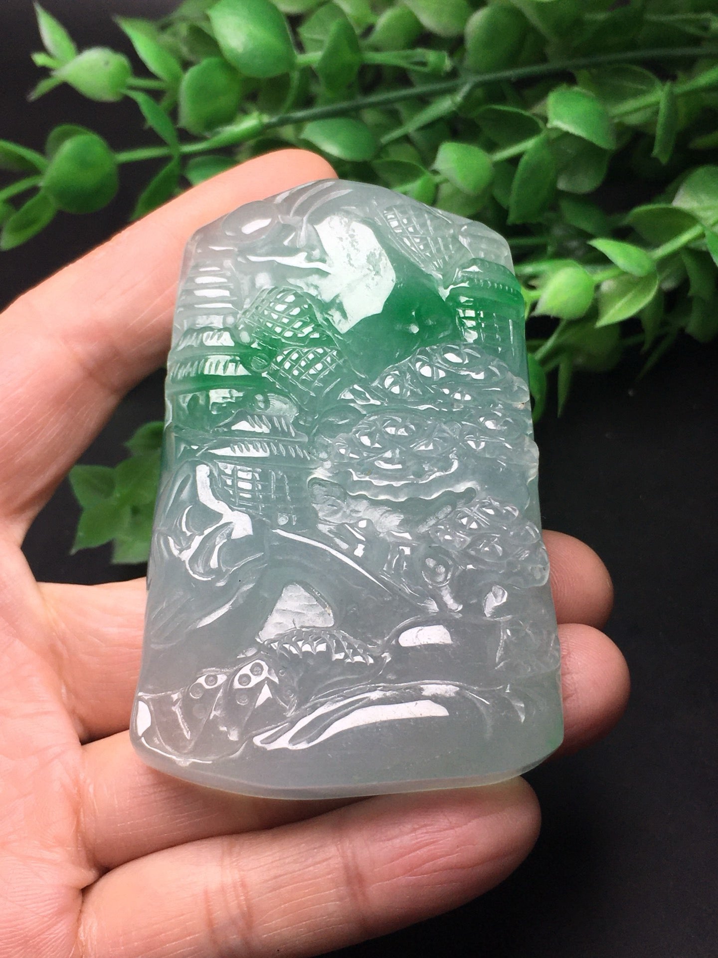 Chinese Antique White Ice Floating Green Thick Mountainous Landscape Plaque