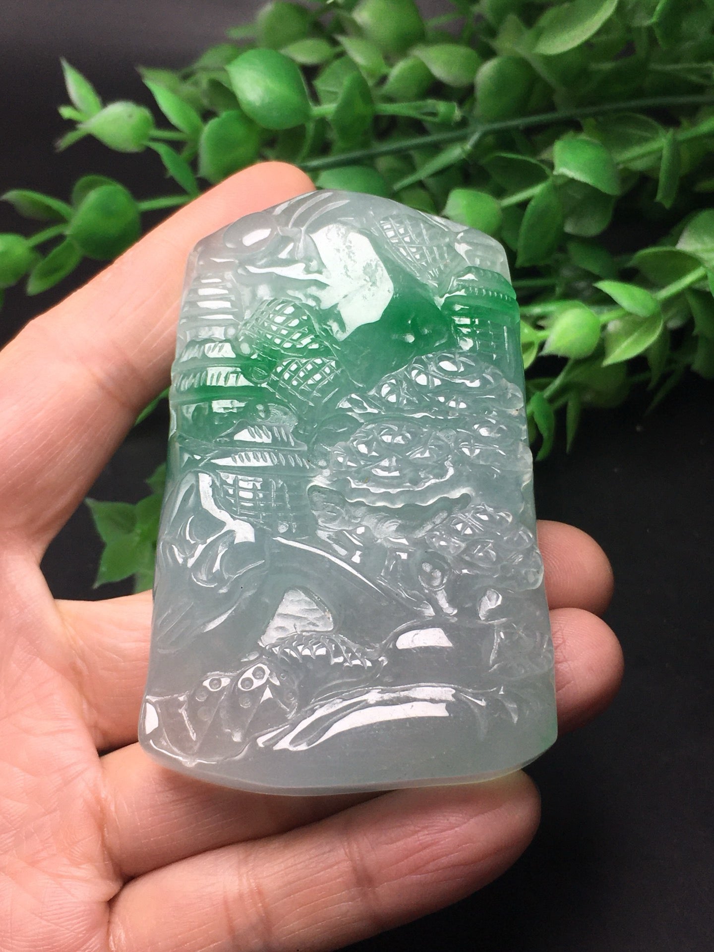 Chinese Antique White Ice Floating Green Thick Mountainous Landscape Plaque